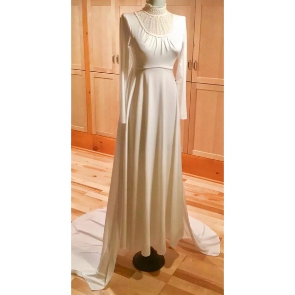 Vntg 70s Boho Beaded Victorian Long Train Dress 4 - Picture 2 of 8